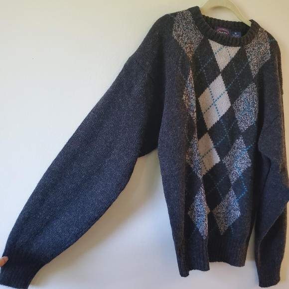 Vintage Pacific Club by Nak Sweater Men M Pullover Crew Gray Argyle Wool Thick - Picture 5 of 9